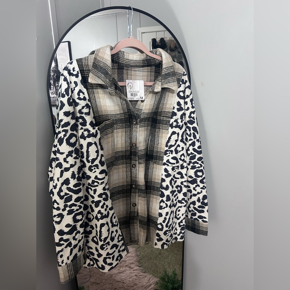 Black and White Plaid and Leopard Print Shirt NWT